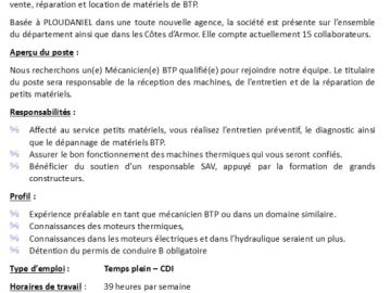 Ballé Equipements Sarl recrute ! 📣

Nous recherchons un(e) Mécanicien(e) BTP qualifié(e) pour rejoindre notre équipe. Le titulaire du poste sera responsable...